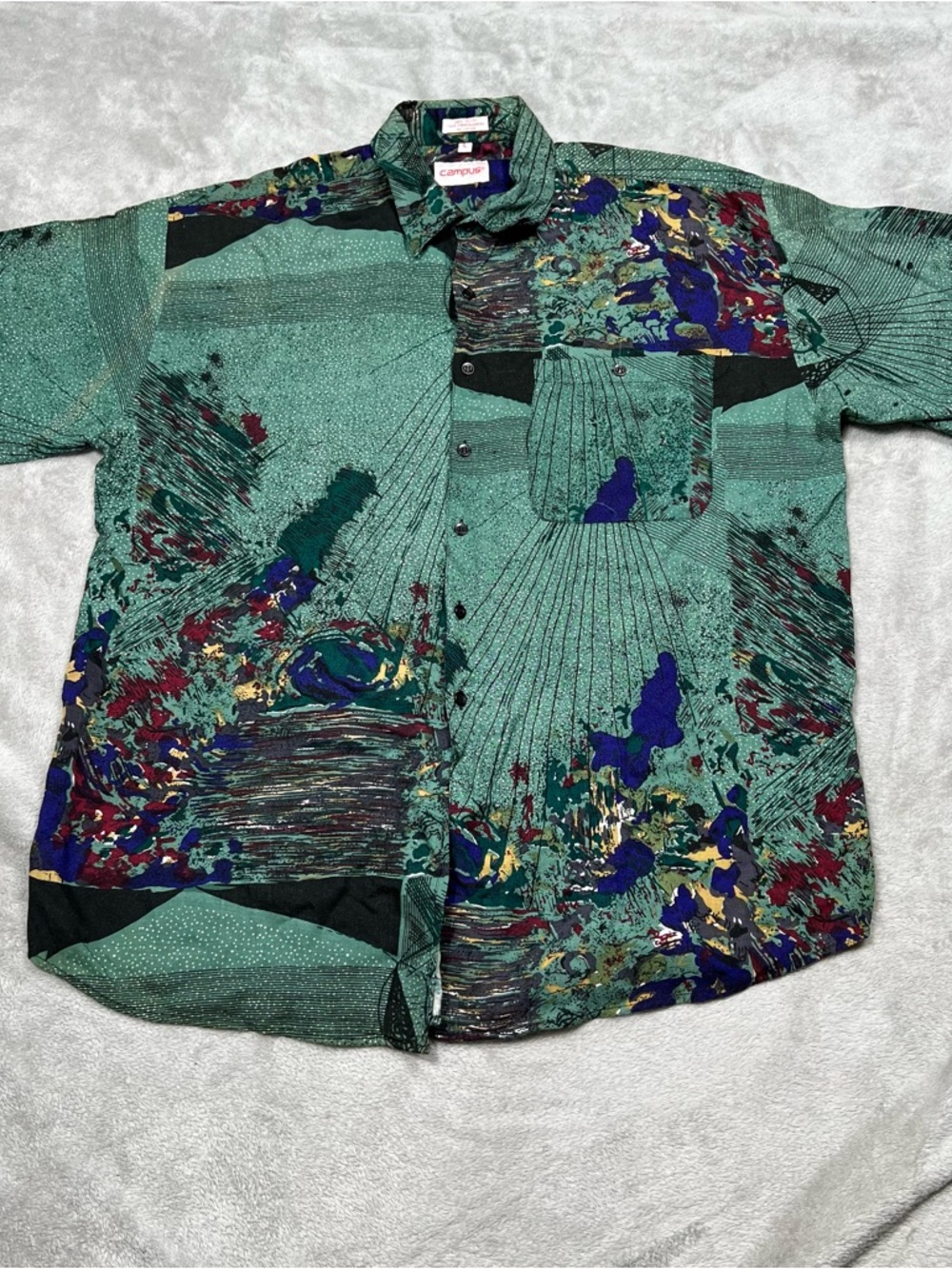 Vintage 80s Campus Rayon S/S Button Up Shirt Mens L Green/Black Abstract Art